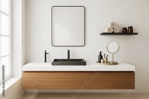Fototapeta Minimalist bathroom interior with wooden vanity, black fixtures, and soft natural lighting on white wall background in modern contemporary style.