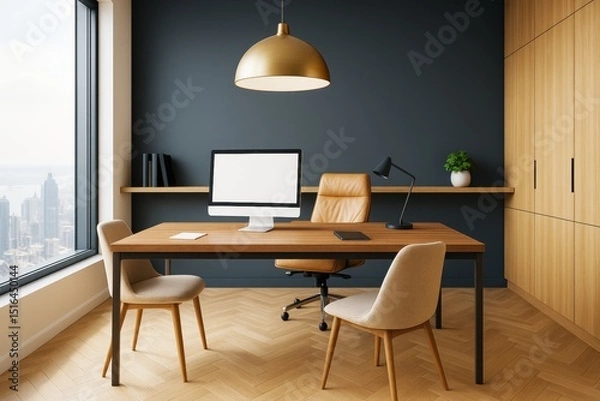 Fototapeta Modern executive office interior with wood furniture, leather chair, minimalist decor, and city view in contemporary workspace design style.