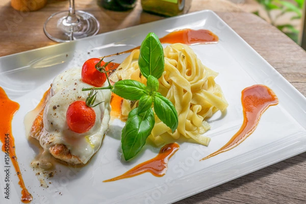 Fototapeta Turkey steak with tomatoes and mozzarella au gratin with tagliatelle in sage butter and a fine jus, italian style