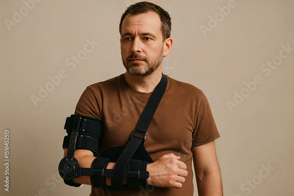 Fototapeta Man in a brown t-shirt wearing an orthopedic shoulder and elbow brace for arm immobilization. Medical recovery support against a neutral background, ideal for healthcare themes.