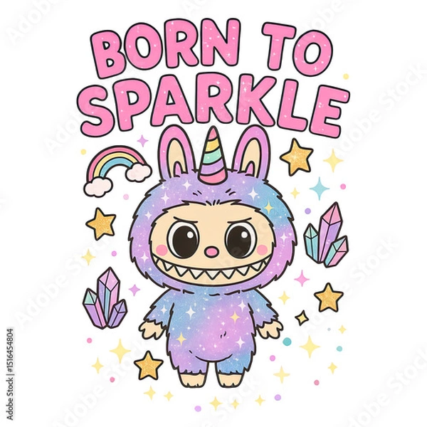 Fototapeta Cartoon character in unicorn costume with crystals and rainbow background - Concept of Sparkle  