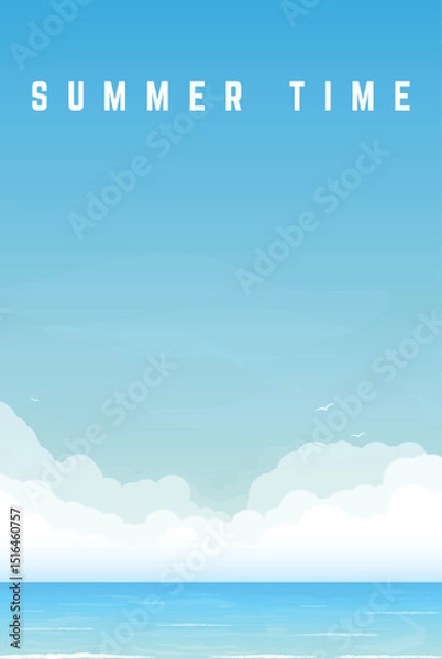 Fototapeta Summer time vacation vertical banner. Concept of ocean, sea vacation and travel. Tropical beach, sea or ocean with waves and big clouds on horizon. Seaside view with birds. Vector illustration.