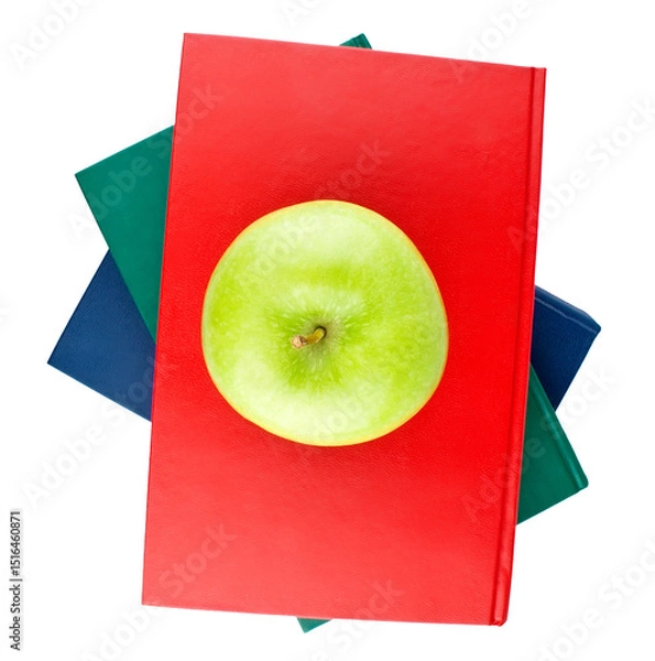 Fototapeta Stack of books and apple isolated on transparent background. Top view. PNG format
