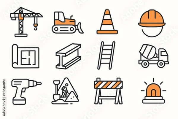 Obraz Construction icon set: crane, bulldozer, helmet, drill, ladder, blueprint