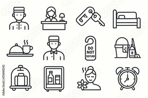 Obraz Hotel icon set: concierge, receptionist, room key, bed, and amenities symbols