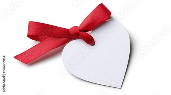 Fototapeta Heart shaped paper tag with ribbon on isolated white background.