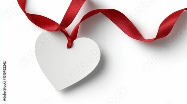 Fototapeta Heart shaped paper tag with ribbon on isolated white background.