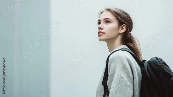 Fototapeta A young woman walking confidently, her gaze fixed ahead, with determination in her eyes and a steady stride
