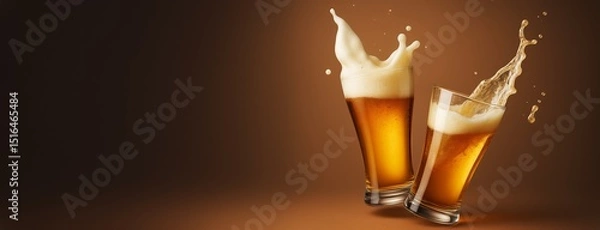 Fototapeta Two splashing beer glasses with foam against brown gradient background for drink advertising and promotional design templates and mockups.