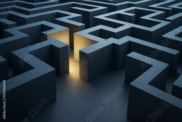 Obraz Abstract dark maze with glowing light path highlighting concept of solution and direction on minimal background in modern graphic style.