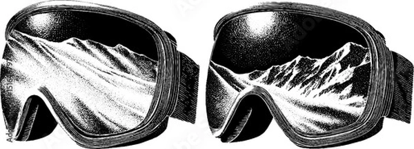 Fototapeta Engraved illustration of snowboarding and ski goggles with mountain reflection