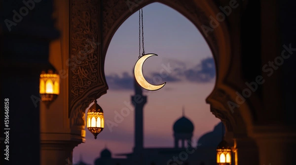 Fototapeta Crescent moon glowing in the twilight sky at dusk, marking the transition from day to night. Symbolizing the Islamic faith