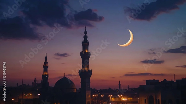 Fototapeta Crescent moon glowing in the twilight sky at dusk, marking the transition from day to night. Symbolizing the Islamic faith