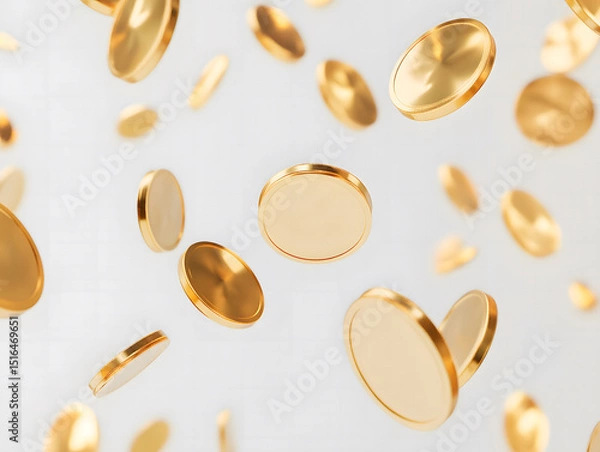 Fototapeta Falling Gold Coins on White Background, Gold Coin Drop on White Backdrop, Scattered Golden Coins with White Background, White Background with Falling Coins, Gold Money Rain on White Surface