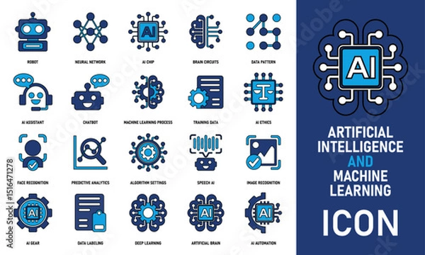 Obraz AI and machine learning icon colored and outline in flat style, perfect for tech and data themes.