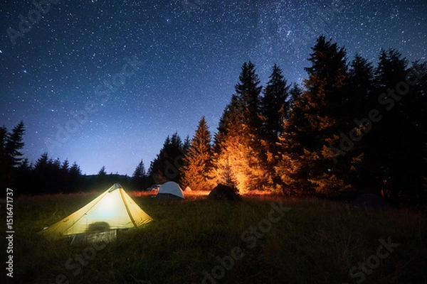 Fototapeta Several tents illuminated by glowing campfire in grassy clearing under clear, starry sky. Surrounded by tall pine trees in the mountains. Tranquil beauty of night spent camping in nature.