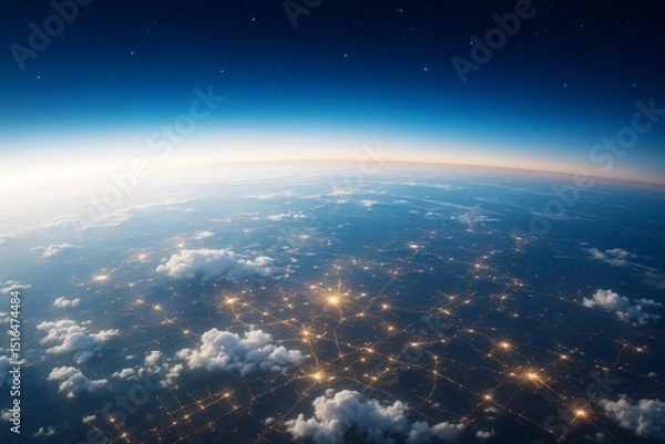 Obraz Futuristic view of Earth's surface from space with glowing lights and cloud coverage at dawn, showcasing global connectivity and data networks.