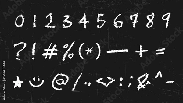 Fototapeta Chalk, charcoal brush texture numbers and symbols on grunge blackboard, vector illustration set