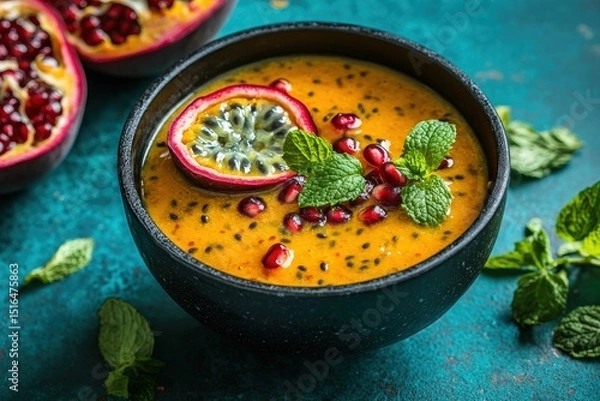 Fototapeta Passion fruit and pomegranate soup in a dark bowl.
