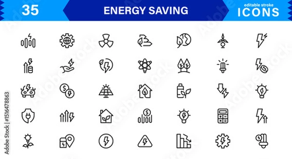 Fototapeta Energy Saving Icon Collection with Eco, Renewable, Power, Green Technology, and Sustainability Symbols in Simple, Download-Ready Design