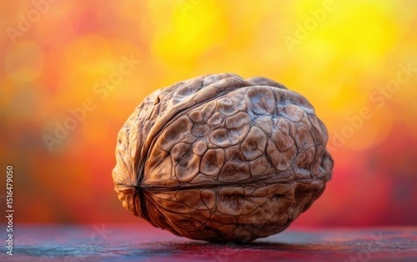 Obraz Single walnut macro shot with textured shell in sharp focus against blurred bokeh background.