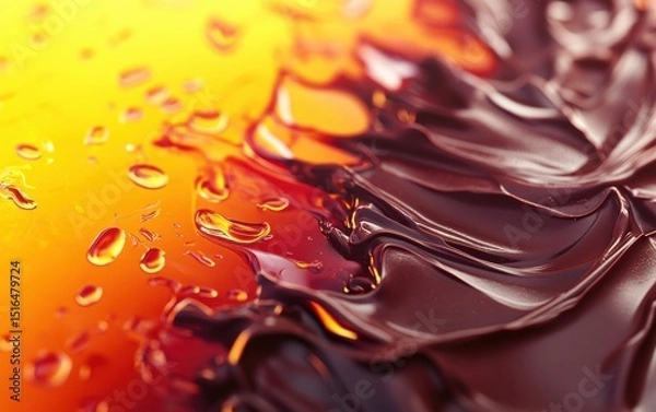 Obraz Close-up of abstract swirls of melting chocolate and caramel with droplets on glossy surface.