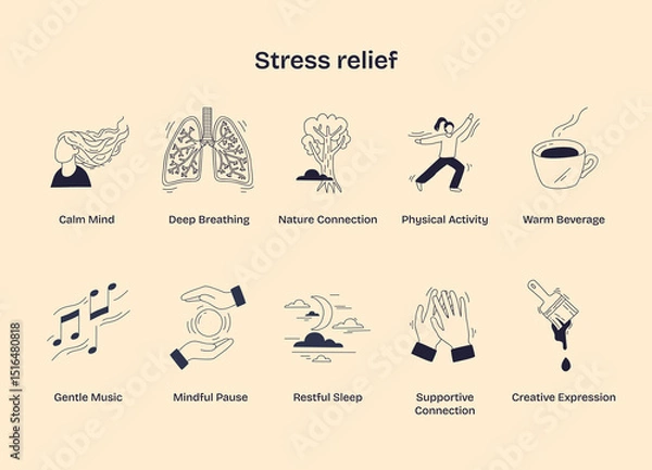 Obraz Stress relief is shown through calm mind, deep breathing, and nature connection, representing relaxation and wellness. Doodle style
