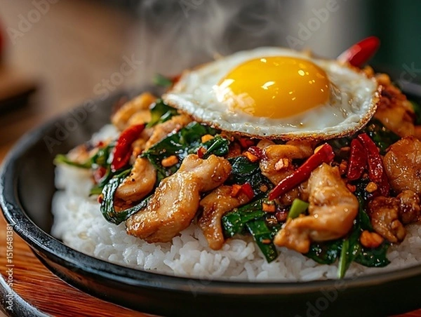Obraz Sizzling thai basil chicken with rice restaurant kitchen food close-up warm atmosphere culinary delight