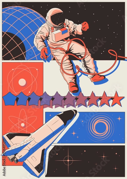 Fototapeta Abstract Space Poster. Space Shuttle, Astronaut in Outer Space, Globe, Galaxy, Stars. Geometric Shapes, 1980s Colors