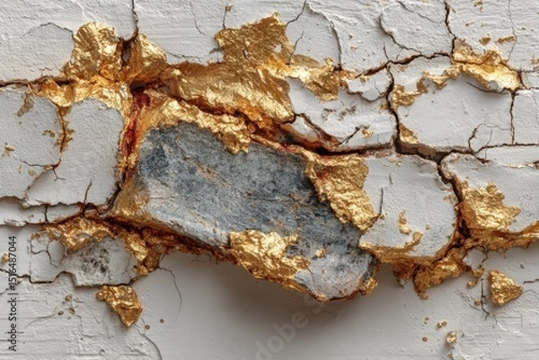 Obraz Cracked wall surface revealing textured stone and gold leaf accents, showcasing a blend of natural and artistic elements in a distressed aesthetic with rich visual appeal