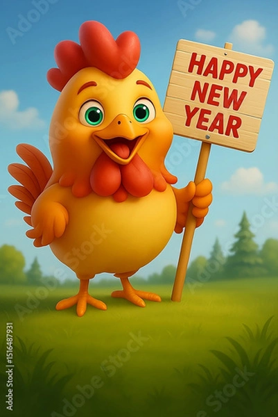 Fototapeta Cartoon Rooster Celebrating the New Year with a Sign