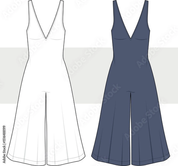 Obraz Women's V neck wide legs jumpsuit fashion technical drawing, flat sketch, illustration. Card, mockup.