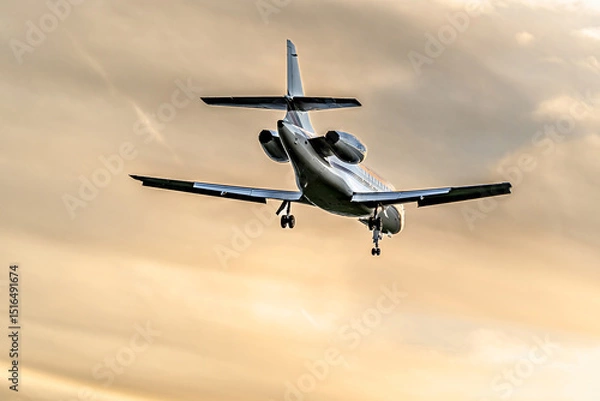 Obraz Private business jet flying under an orange sunset sky