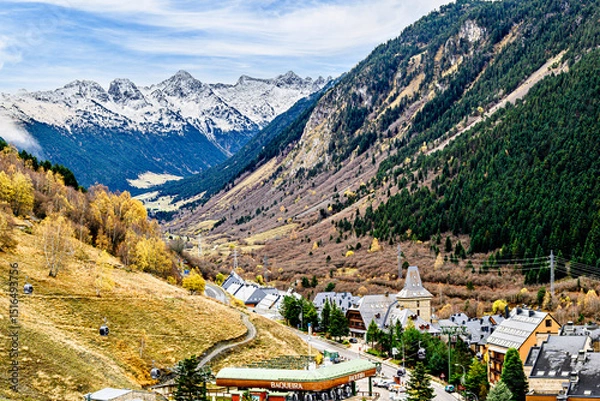 Obraz Mountains and ski resort Baqueira Beret in the municipality of Alto Aran, Aran Valley, Lerida. Snow in the Pyrenees	
