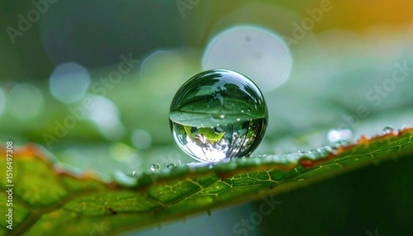Fototapeta Closeup Water Droplet Reflection On Green Leaf