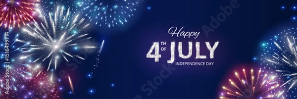 Fototapeta 4th of July Independence Day background. Shining red, blue and green fireworks in corners. American flag colors. Dark blue night sky. Happy 4th of July text. Great for social media banners. Vector