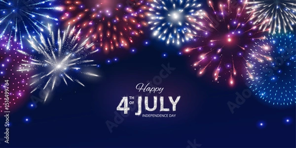 Fototapeta 4th of July Independence Day background. Shining red, blue and green fireworks in corners. American flag colors. Dark blue night sky. Happy 4th of July text. Great for social media banners. Vector