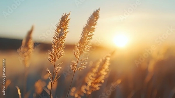 Obraz Golden hour whispers through tall grass painting serene countryside dreams at sunrise captured with a shallow depth of
