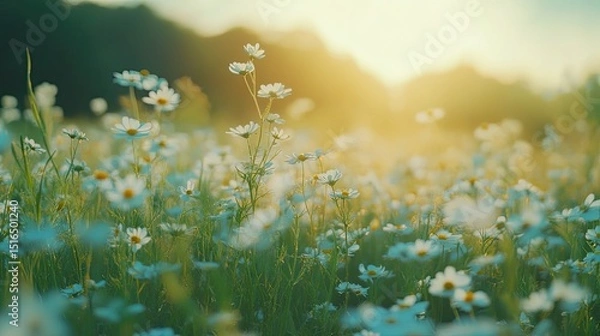 Obraz Whispers of summer in a dreamy daisy field bathed in the golden hour glow evoking peace and serenity in a natural