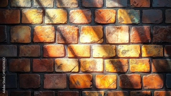 Obraz Warm Sunlight Dances Across a Rustic Brick Wall Casting Dramatic Shadows and Highlighting Textures in the Golden Hour