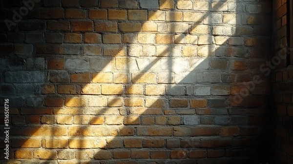 Obraz Sunlight streaming through unseen window panes illuminating an old brick wall in golden hues creating a warm interior