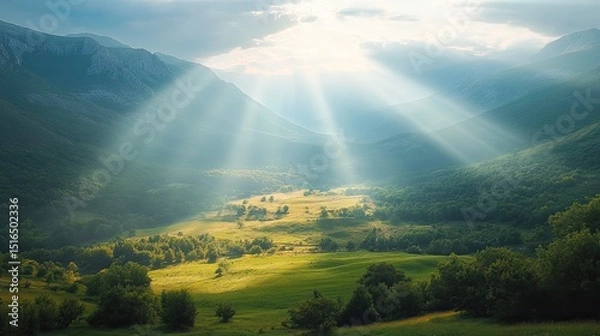 Obraz A tranquil valley awakes as sunlight pierces through the clouds painting the green landscape with radiant light and mist
