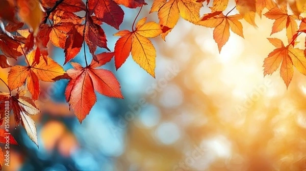 Obraz Cascading Autumn Leaves in a Symphony of Color Where Warmth Meets the Sky in a Final Embrace before Winter s Arrival