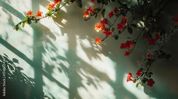 Obraz Orange blossoms cascade down a sunlit wall shadows playfully dancing in the breeze a peaceful summer afternoon moment on