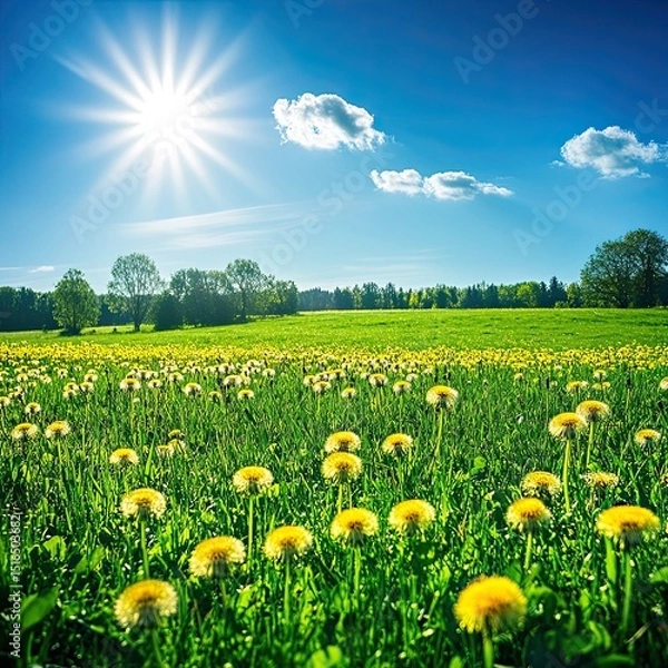 Obraz A vibrant meadow bursting with dandelions under a summer sky an idyllic scene evoking joy and freedom with bright