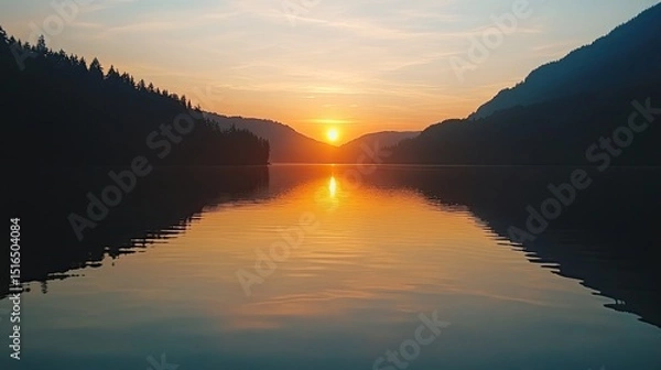 Obraz A tranquil sunset over a serene lake mirroring the sky surrounded by silhouetted mountains with long water reflections