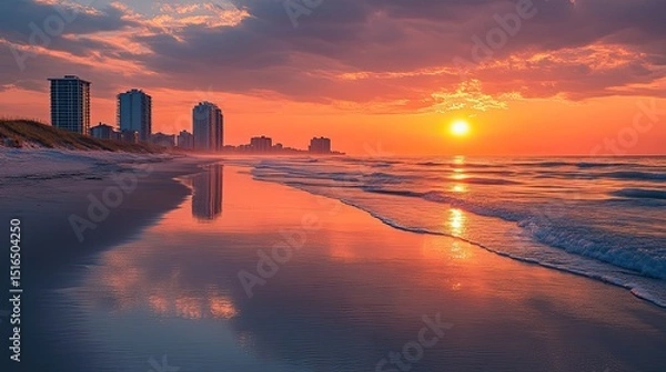 Obraz A mesmerizing sunrise painting the serene beach in fiery oranges and soft blues reflecting cityscapes in the gentle wet