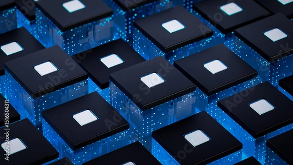 Obraz A row of futuristic computer chips emanating eye-catching blue light for chip as well as AI scenarios