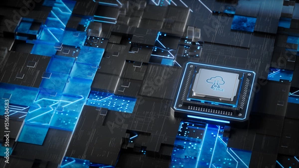 Obraz EDGE chips in circuit-filled environments, promotional graphics for advanced technologies using centralized edge chips as well as on-board chips