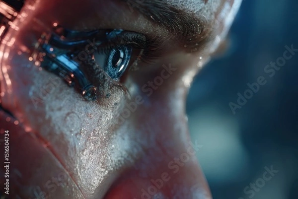 Fototapeta A close-up of a humanoid robot's eye with visible cybernetic implants, showing advanced technology and intricate detail, highlighting the blend of organic and artificial elements.